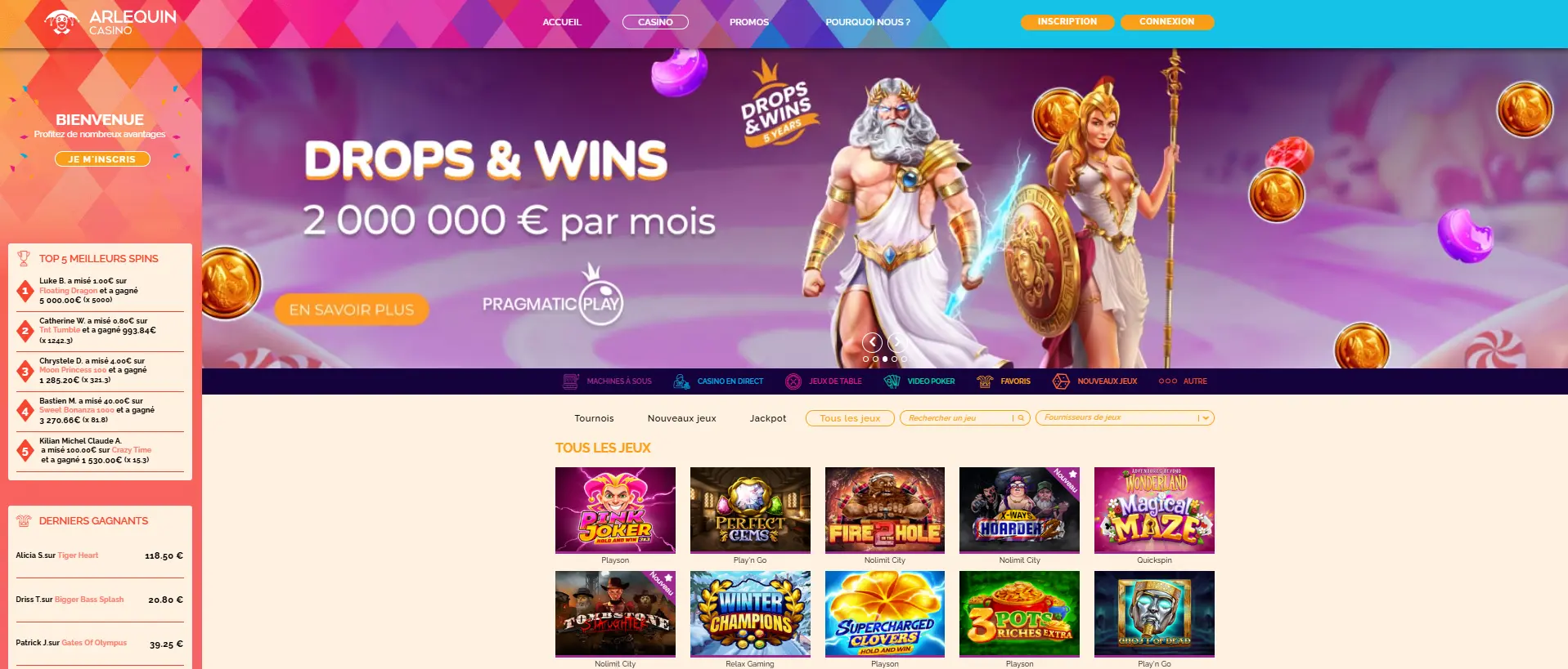 Jeux et paris disponibles sur Arlequin casino